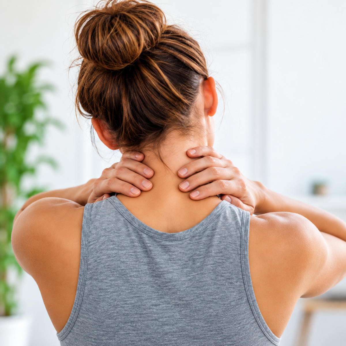 Mujer sujetándose suavemente la zona cervical, representando tensión en el cuello y la importancia del equilibrio y la conciencia corporal.