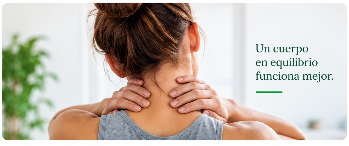 Mujer sujetándose suavemente la zona cervical, representando tensión en el cuello y la importancia del equilibrio y la conciencia corporal.
