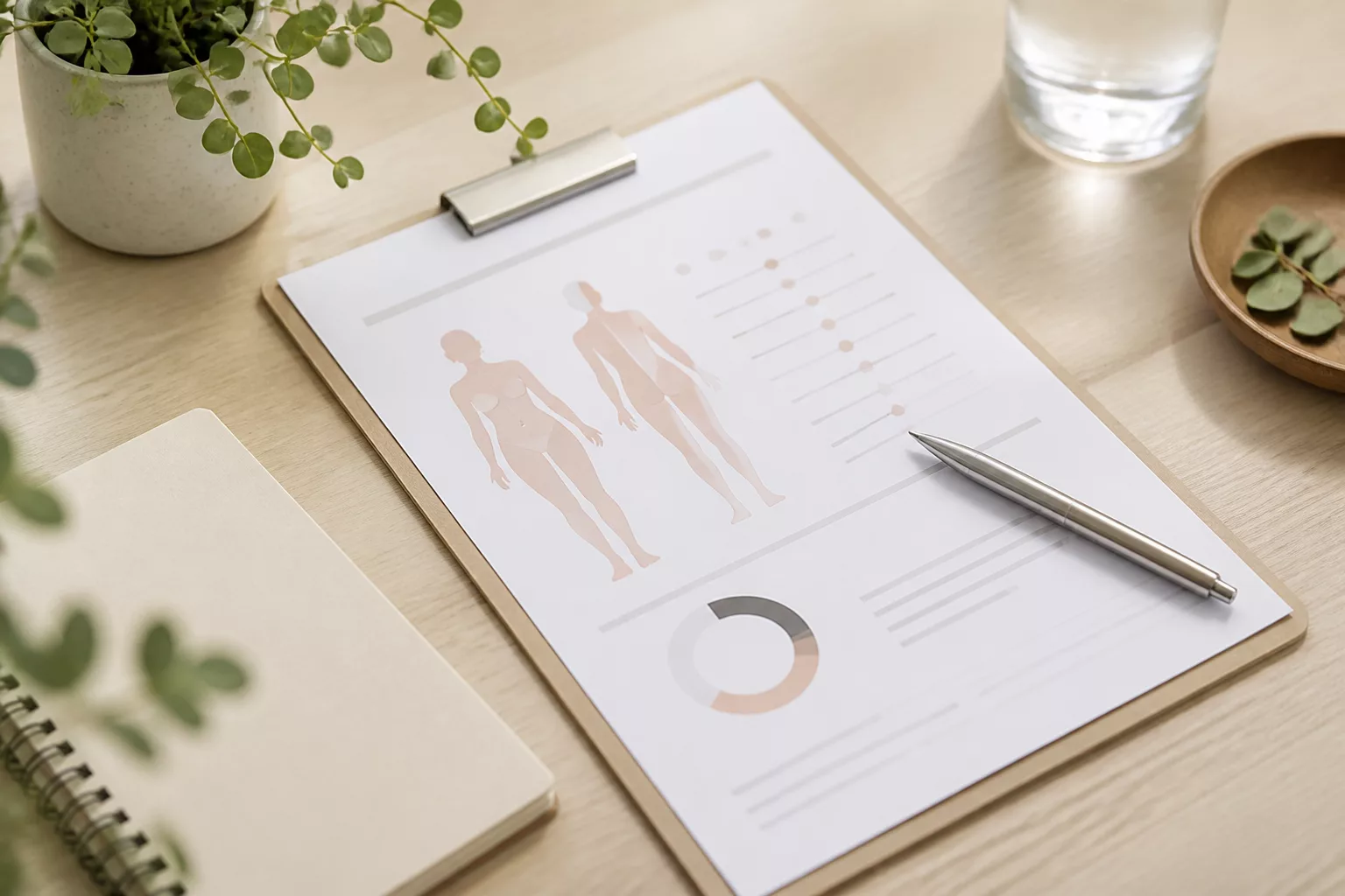 Formulario de valoración corporal sobre un escritorio ordenado